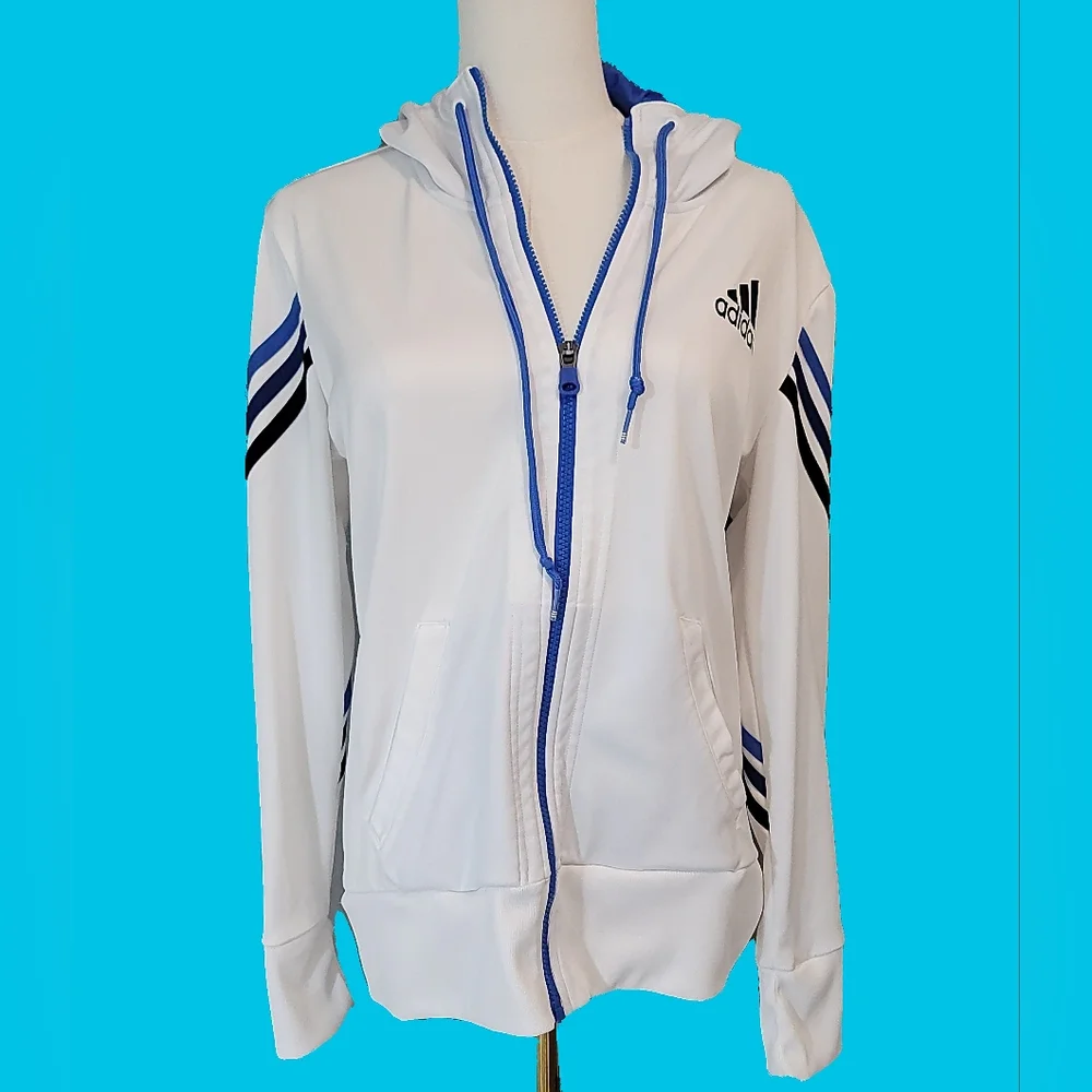 Adidas Women's White‎ Hoodie with Blue Stripes